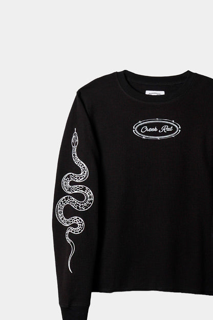 Black sweatshirt with snake designs on sleeves and a logo on chest against a white background