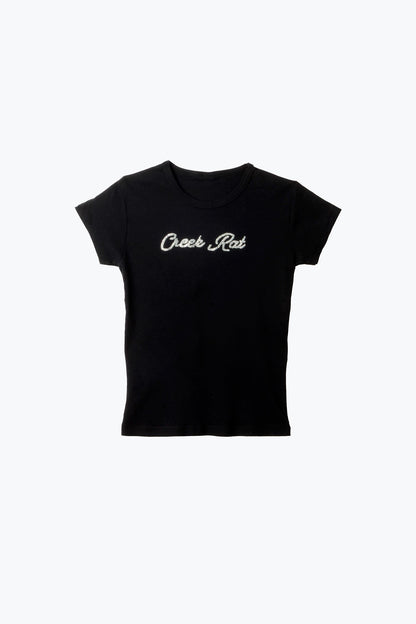 Black t-shirt with 'Creek Rat' text on a white background