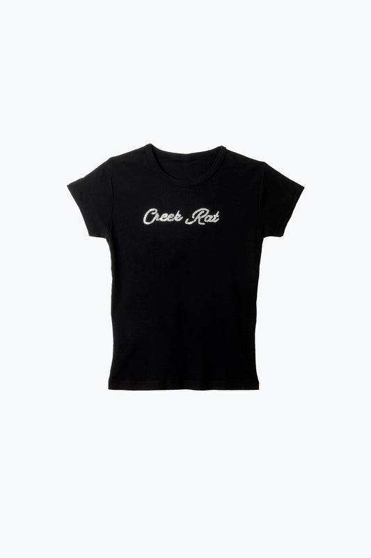 Black t-shirt with 'Creek Rat' text on a white background