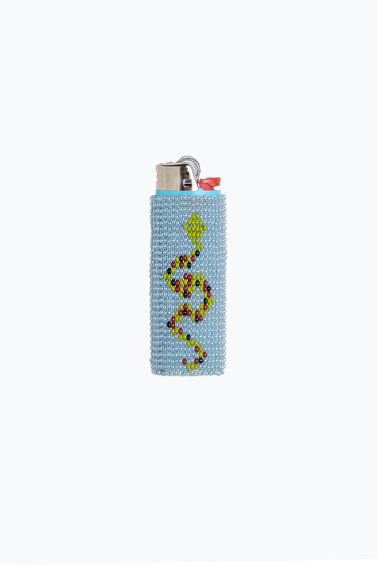 Light blue lighter case with a colorful snake design on a white background